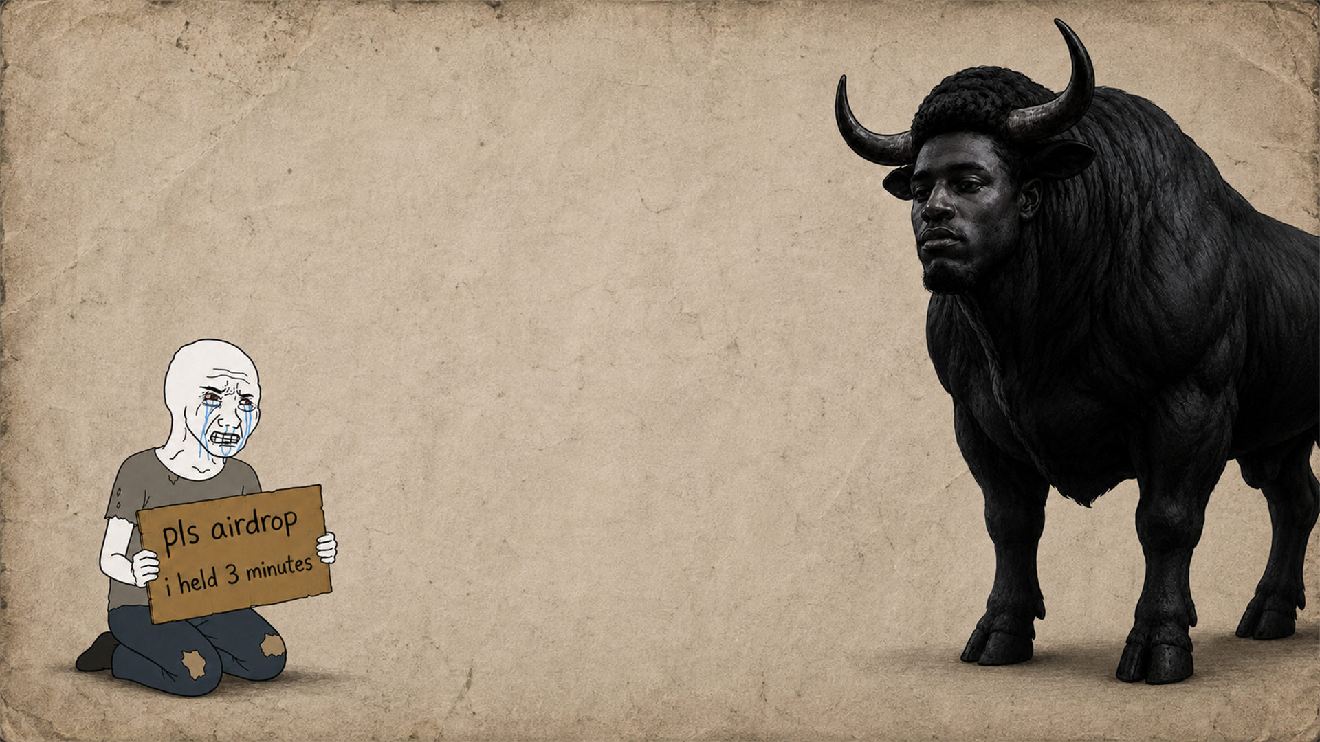 Crying beggar holding a pls airdrop sign in front of a huge black bull